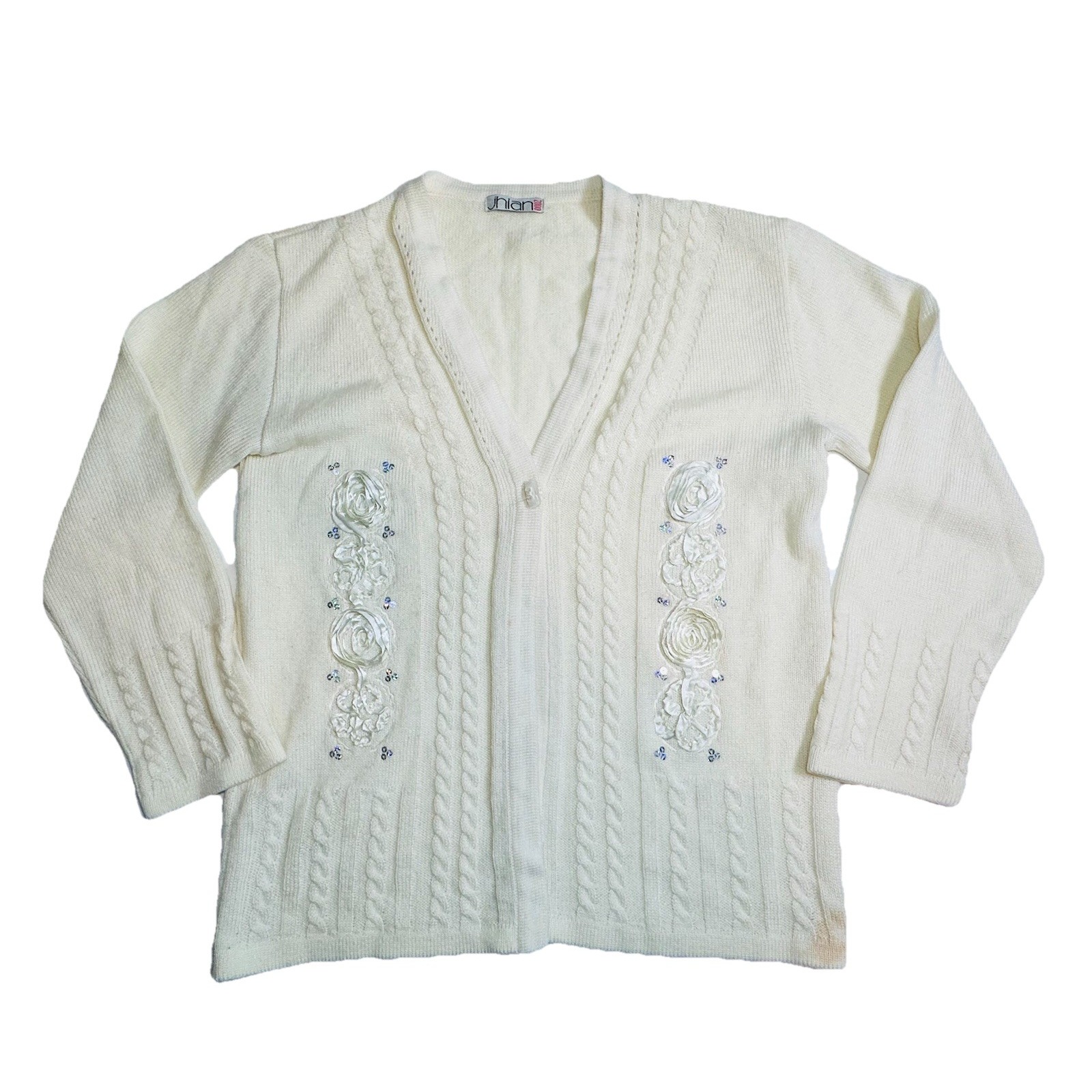 Jhian 2000 Women Cream Yellowed Cable Knit Floral Appliques Sequins Cardigan S/M